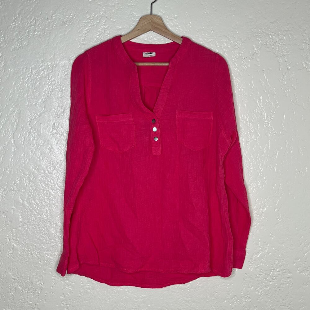 Mote Women's Cotton Gauze Pink Long Sleeve V-Neck Popover Blouse Size Large